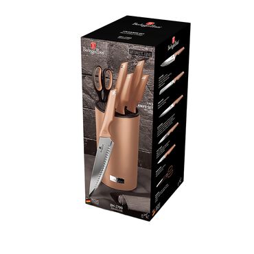 Zestaw 5 noży z nożyczkami w bloku Rose Gold, z powłoką nieprzywierającą