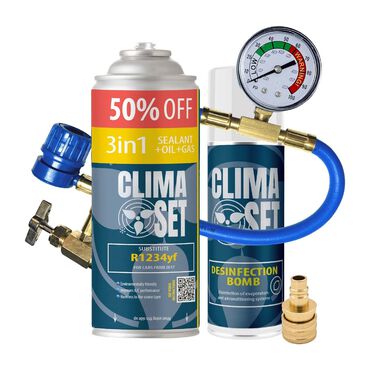 CLIMASET_Gaz do klimatyzacji ClimaSet 3w1 R1234yf 470g, z przewodem z manometrem, adapterem R1234yf i odświeżaczem do klimatyzacji_1
