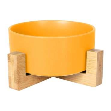 Ceramiczna miska dla zwierząt MISWOOD, 19,5x19,5x5,9 cm, drewniany stelaż, żółta_1