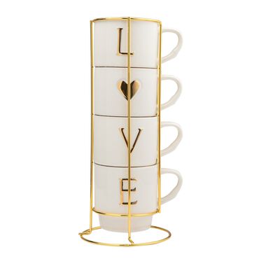 FLORINA_Komplet 4 kubków na stojaku, 330 ml, Golden Letters_1