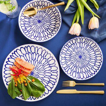 Zestaw obiadowy z porcelany na 6 osób MG Home Fiori, 18 elementów, biało-niebieski