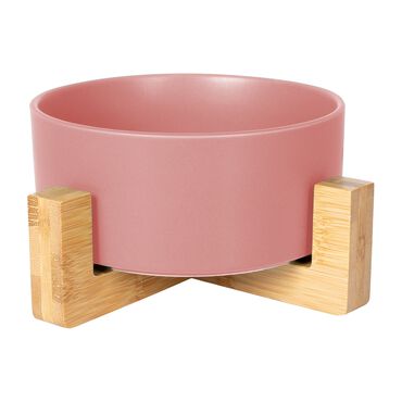 Ceramiczna miska dla zwierząt MISWOOD, 16x16x6,5 cm, drewniany stelaż, różowa_1