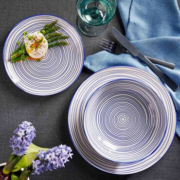Zestaw obiadowy z porcelany na 6 osób MG Home Marea, 18 elementów, biało-niebieski