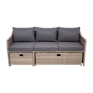 Sofa ogrodowa Jumi, z technorattanu, 2 podnóżki, szara