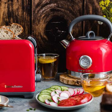 Czajnik elektryczny stalowy Vintage Cuisine, 1,7 l, 2200 W, z termometrem, czerwony
