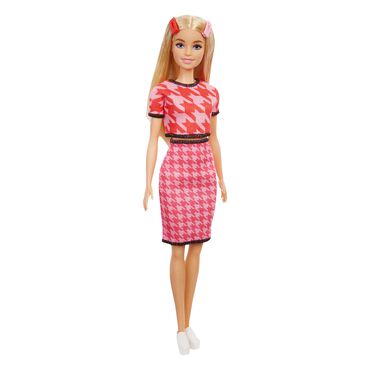 BARBIE_Barbie Fashionistas Lalka Modna przyjaciółka Komplet różowa pepitka/Blond włosy_1