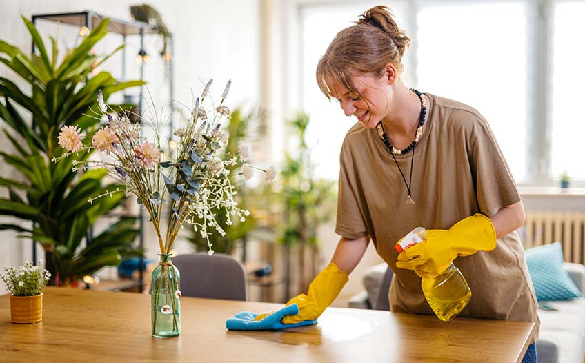 Nastolatka w rękawiczkach ochronnych sprząta stół w salonie