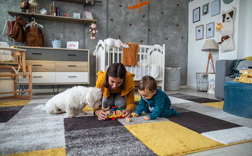 Zabawa z dzieckiem i psem na dywanie