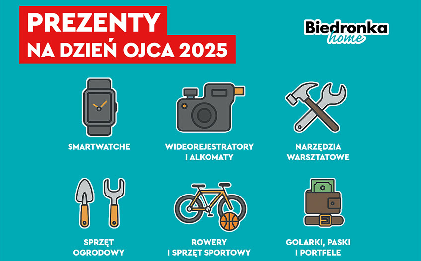 Prezent na Dzień Ojca 2025 Grafika z 6 ikonami przedstawiającymi kategorie produktowe: smartwatche, widorejestratory i alkomaty, narzędzia warsztatowe, sprzęt ogrodowy, rowery i sprzęt sportowy, golarki, paski i portfele