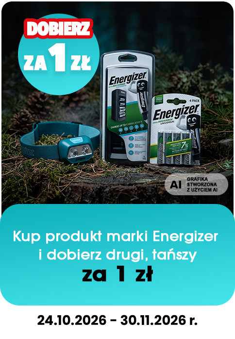 Kup produkt marki Energizer i dobierz drugi, tańszy za 1 zł. Promocja obowiązuje od 24.10.2026 do 30.11.2026 r.