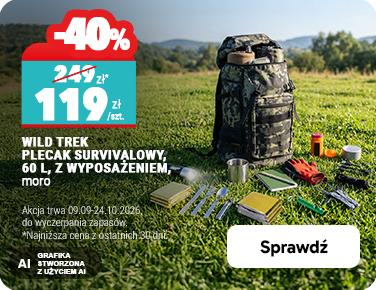 Wild Trek — plecak survivalowy, 60 l, z wyposażeniem, moro. 119 zł za sztukę, rabat 40%. Najniższa cena z ostatnich 30 dni: 249 zł. Akcja trwa od 9 września do 24 października 2026 r., do wyczerpania zapasów. Sprawdź.